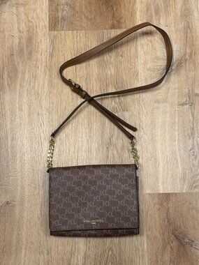 Karl Lagerfeld Paris Monogram Crossbody Bag Brown Chain Strap Adjustable Leather